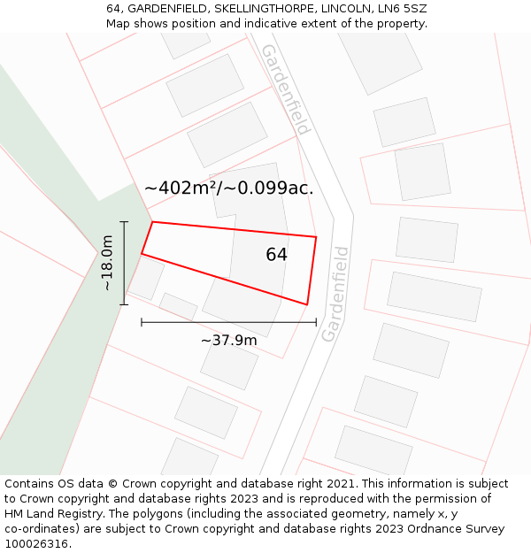 64, GARDENFIELD, SKELLINGTHORPE, LINCOLN, LN6 5SZ: Plot and title map