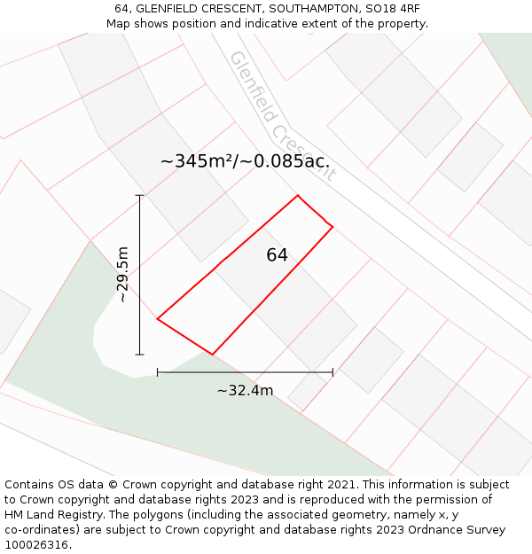 64, GLENFIELD CRESCENT, SOUTHAMPTON, SO18 4RF: Plot and title map
