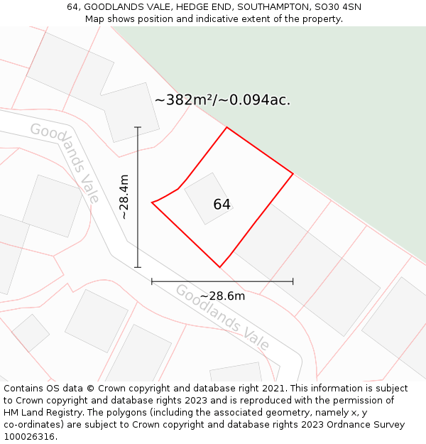 64, GOODLANDS VALE, HEDGE END, SOUTHAMPTON, SO30 4SN: Plot and title map