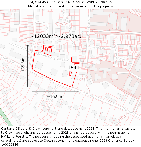64, GRAMMAR SCHOOL GARDENS, ORMSKIRK, L39 4UN: Plot and title map