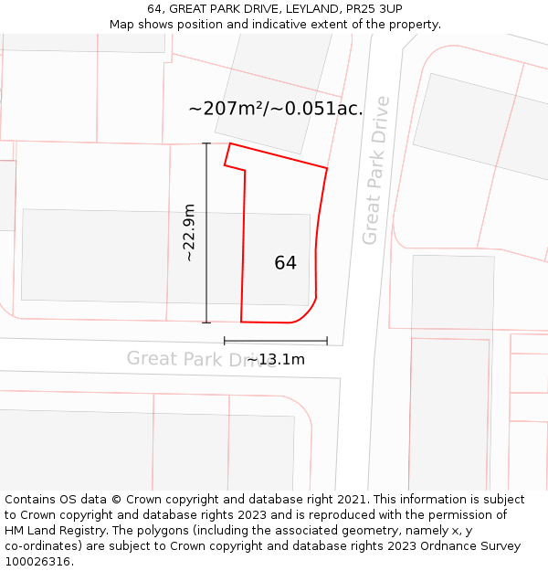 64, GREAT PARK DRIVE, LEYLAND, PR25 3UP: Plot and title map