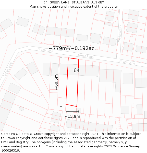 64, GREEN LANE, ST ALBANS, AL3 6EY: Plot and title map