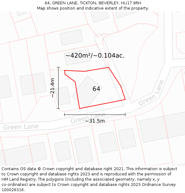 64, GREEN LANE, TICKTON, BEVERLEY, HU17 9RH: Plot and title map