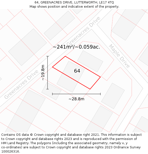 64, GREENACRES DRIVE, LUTTERWORTH, LE17 4TQ: Plot and title map