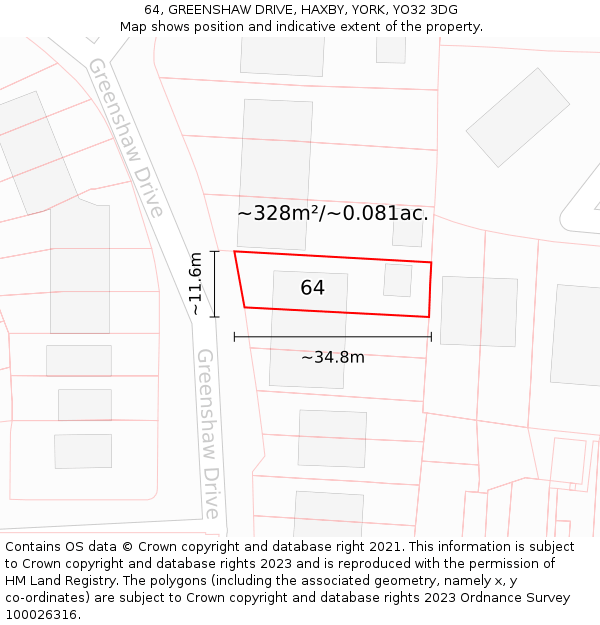 64, GREENSHAW DRIVE, HAXBY, YORK, YO32 3DG: Plot and title map