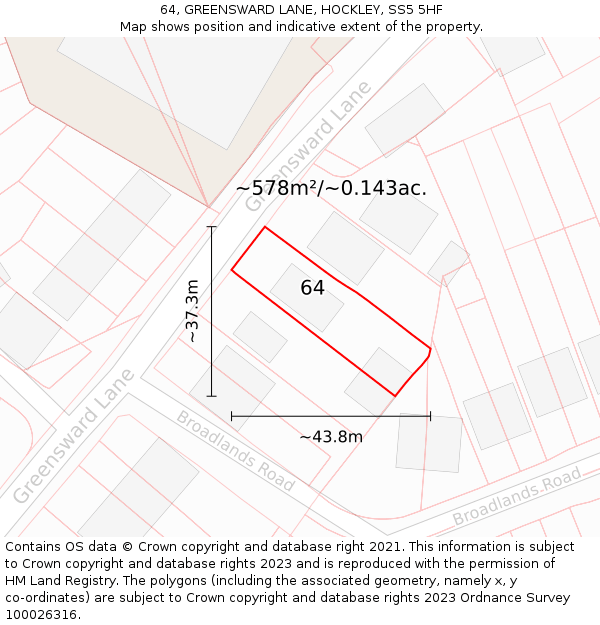 64, GREENSWARD LANE, HOCKLEY, SS5 5HF: Plot and title map