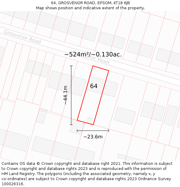 64, GROSVENOR ROAD, EPSOM, KT18 6JB: Plot and title map