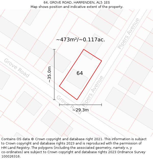 64, GROVE ROAD, HARPENDEN, AL5 1ES: Plot and title map