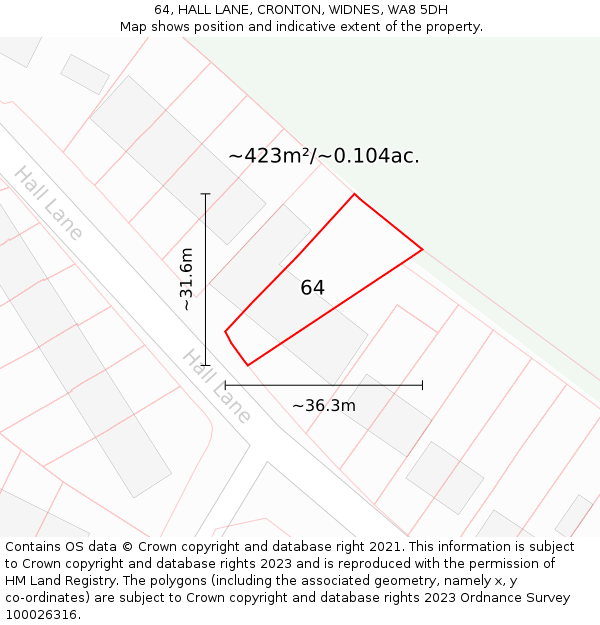 64, HALL LANE, CRONTON, WIDNES, WA8 5DH: Plot and title map
