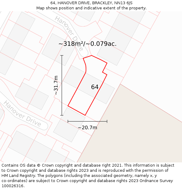 64, HANOVER DRIVE, BRACKLEY, NN13 6JS: Plot and title map