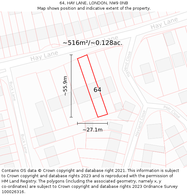 64, HAY LANE, LONDON, NW9 0NB: Plot and title map