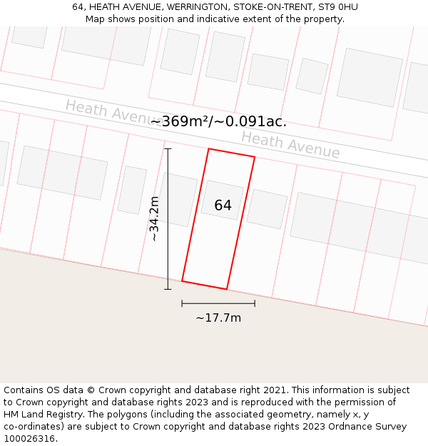 64, HEATH AVENUE, WERRINGTON, STOKE-ON-TRENT, ST9 0HU: Plot and title map