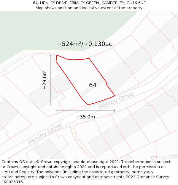 64, HENLEY DRIVE, FRIMLEY GREEN, CAMBERLEY, GU16 6NF: Plot and title map