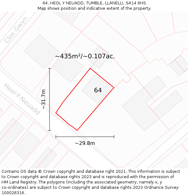 64, HEOL Y NEUADD, TUMBLE, LLANELLI, SA14 6HS: Plot and title map