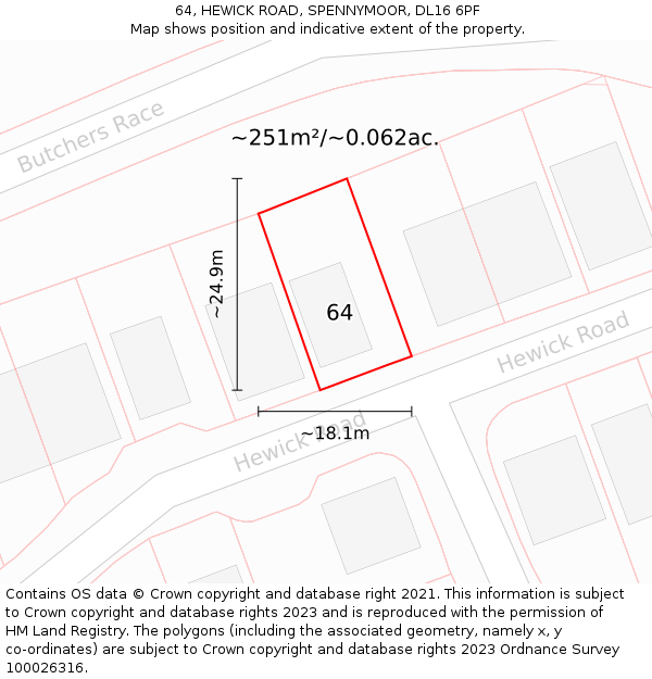 64, HEWICK ROAD, SPENNYMOOR, DL16 6PF: Plot and title map