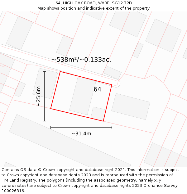 64, HIGH OAK ROAD, WARE, SG12 7PD: Plot and title map