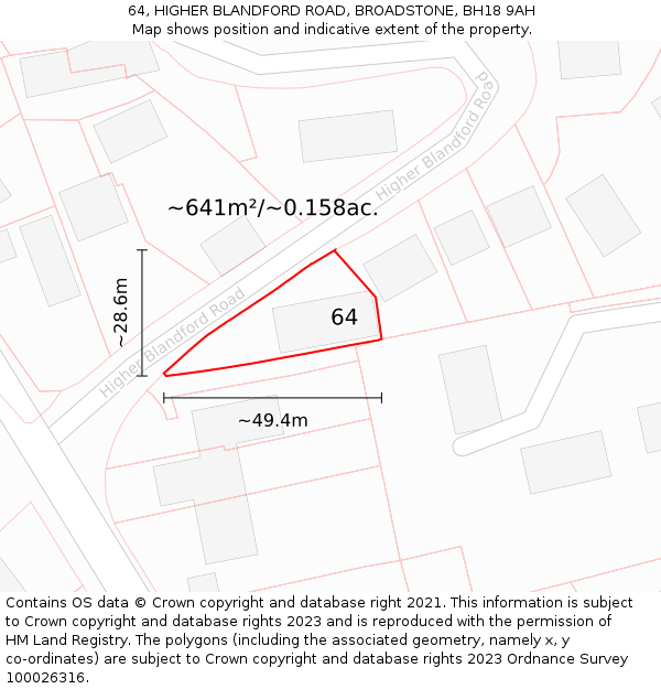 64, HIGHER BLANDFORD ROAD, BROADSTONE, BH18 9AH: Plot and title map