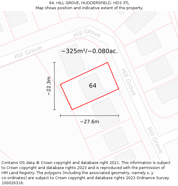 64, HILL GROVE, HUDDERSFIELD, HD3 3TL: Plot and title map