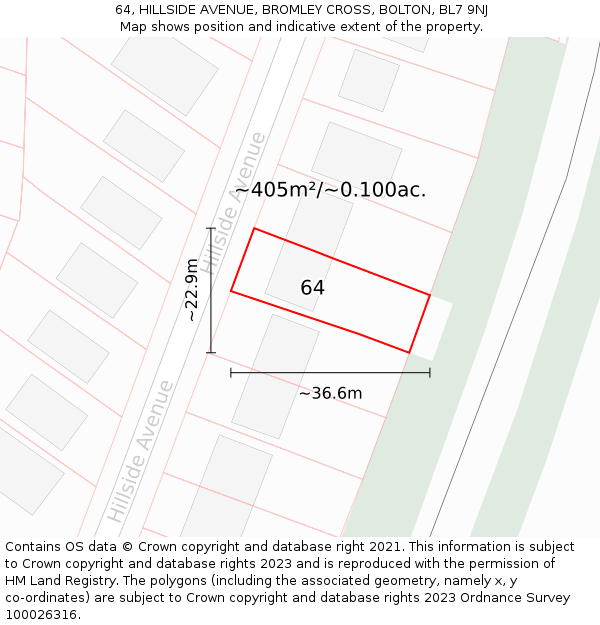 64, HILLSIDE AVENUE, BROMLEY CROSS, BOLTON, BL7 9NJ: Plot and title map