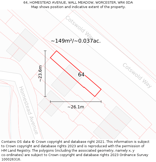 64, HOMESTEAD AVENUE, WALL MEADOW, WORCESTER, WR4 0DA: Plot and title map