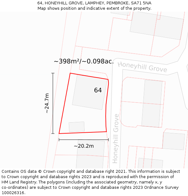 64, HONEYHILL GROVE, LAMPHEY, PEMBROKE, SA71 5NA: Plot and title map