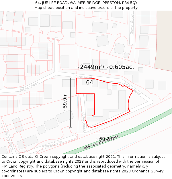 64, JUBILEE ROAD, WALMER BRIDGE, PRESTON, PR4 5QY: Plot and title map