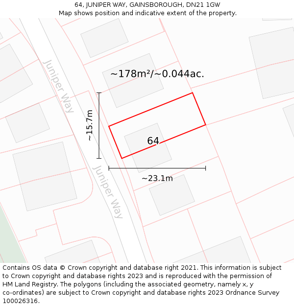 64, JUNIPER WAY, GAINSBOROUGH, DN21 1GW: Plot and title map