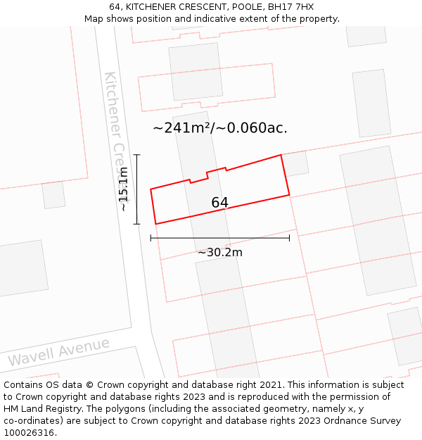 64, KITCHENER CRESCENT, POOLE, BH17 7HX: Plot and title map