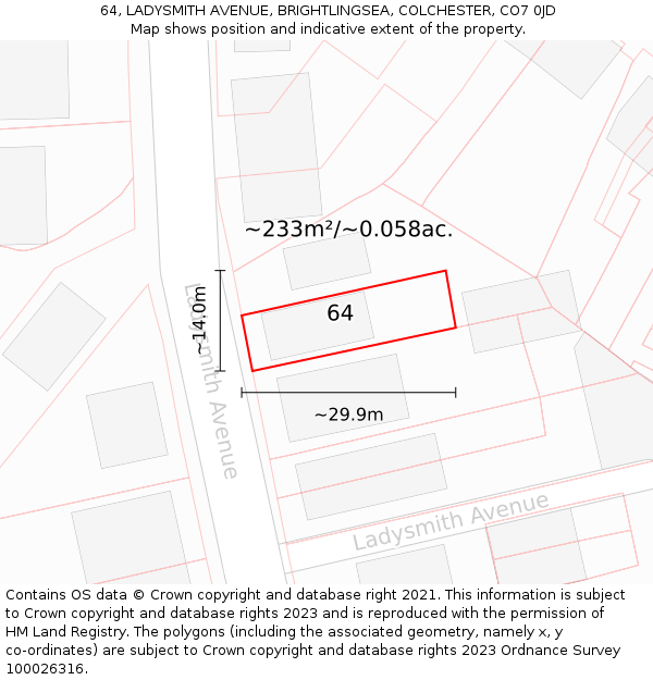 64, LADYSMITH AVENUE, BRIGHTLINGSEA, COLCHESTER, CO7 0JD: Plot and title map