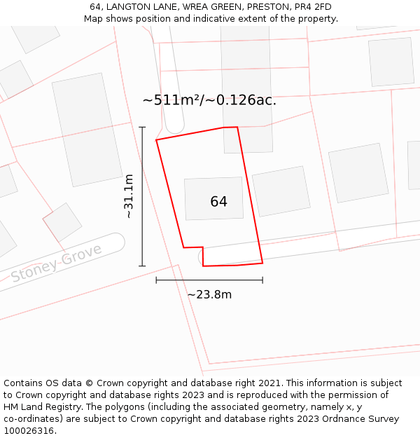 64, LANGTON LANE, WREA GREEN, PRESTON, PR4 2FD: Plot and title map