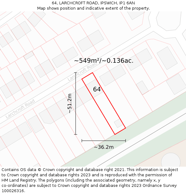 64, LARCHCROFT ROAD, IPSWICH, IP1 6AN: Plot and title map