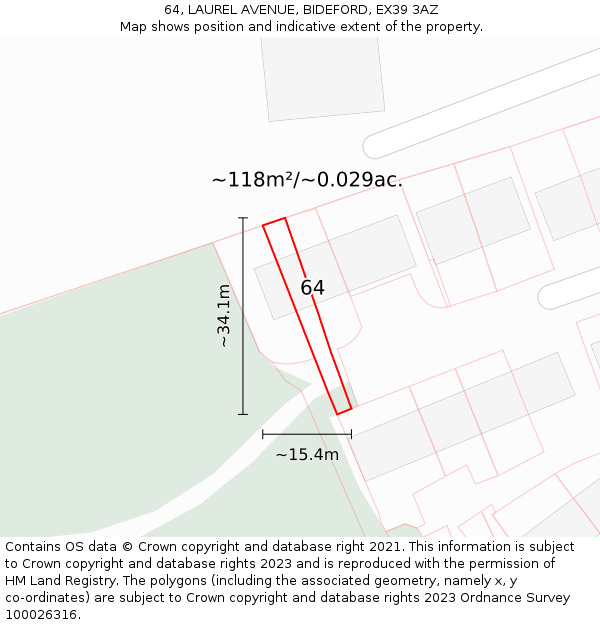 64, LAUREL AVENUE, BIDEFORD, EX39 3AZ: Plot and title map