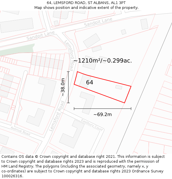 64, LEMSFORD ROAD, ST ALBANS, AL1 3PT: Plot and title map