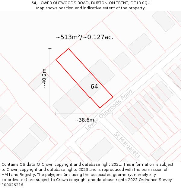 64, LOWER OUTWOODS ROAD, BURTON-ON-TRENT, DE13 0QU: Plot and title map