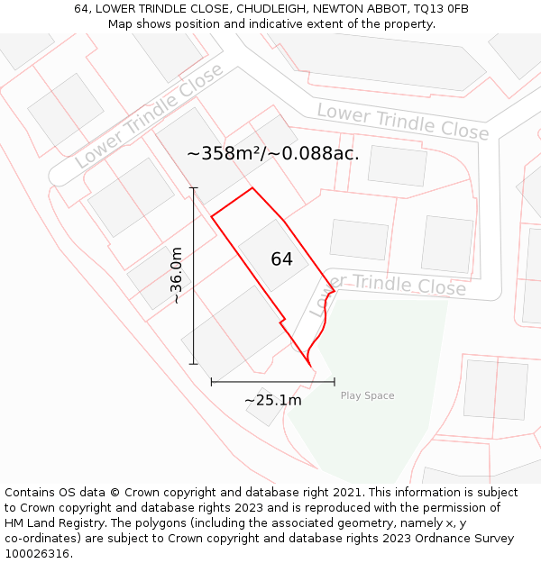 64, LOWER TRINDLE CLOSE, CHUDLEIGH, NEWTON ABBOT, TQ13 0FB: Plot and title map