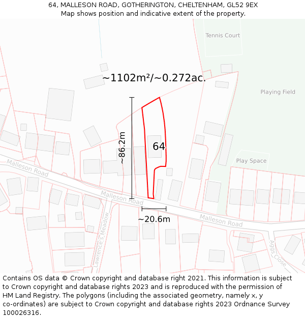 64, MALLESON ROAD, GOTHERINGTON, CHELTENHAM, GL52 9EX: Plot and title map