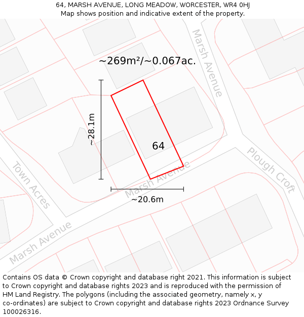 64, MARSH AVENUE, LONG MEADOW, WORCESTER, WR4 0HJ: Plot and title map