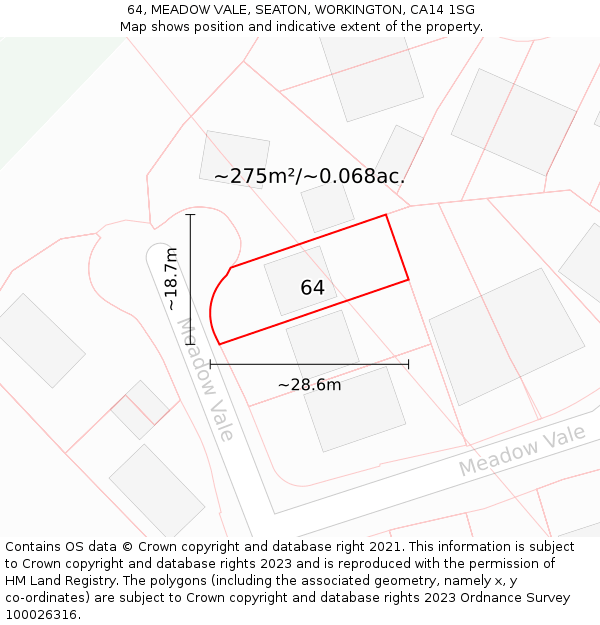 64, MEADOW VALE, SEATON, WORKINGTON, CA14 1SG: Plot and title map