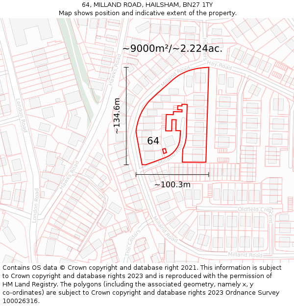 64, MILLAND ROAD, HAILSHAM, BN27 1TY: Plot and title map