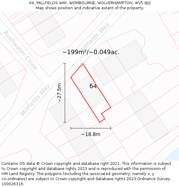 64, MILLFIELDS WAY, WOMBOURNE, WOLVERHAMPTON, WV5 8JQ: Plot and title map