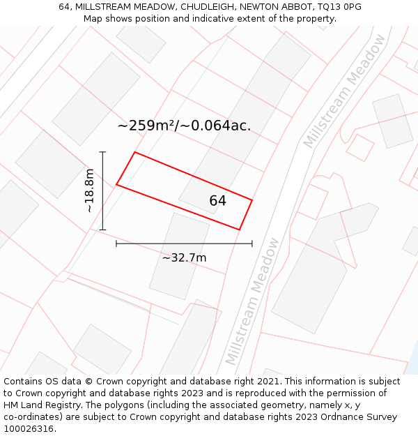 64, MILLSTREAM MEADOW, CHUDLEIGH, NEWTON ABBOT, TQ13 0PG: Plot and title map