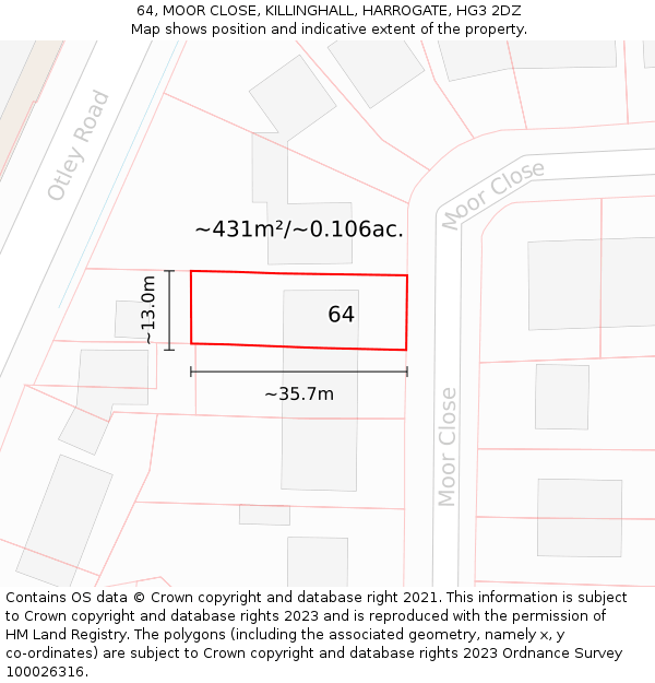 64, MOOR CLOSE, KILLINGHALL, HARROGATE, HG3 2DZ: Plot and title map