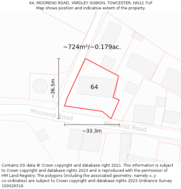 64, MOOREND ROAD, YARDLEY GOBION, TOWCESTER, NN12 7UF: Plot and title map