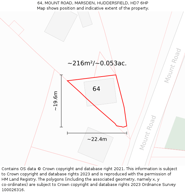 64, MOUNT ROAD, MARSDEN, HUDDERSFIELD, HD7 6HP: Plot and title map