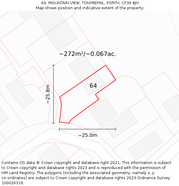 64, MOUNTAIN VIEW, TONYREFAIL, PORTH, CF39 8JH: Plot and title map