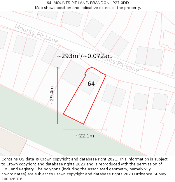 64, MOUNTS PIT LANE, BRANDON, IP27 0DD: Plot and title map