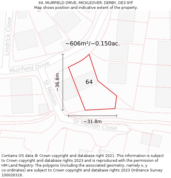 64, MUIRFIELD DRIVE, MICKLEOVER, DERBY, DE3 9YF: Plot and title map