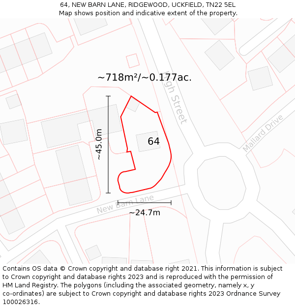 64, NEW BARN LANE, RIDGEWOOD, UCKFIELD, TN22 5EL: Plot and title map
