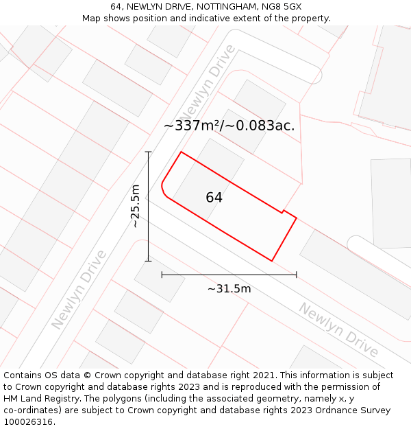 64, NEWLYN DRIVE, NOTTINGHAM, NG8 5GX: Plot and title map