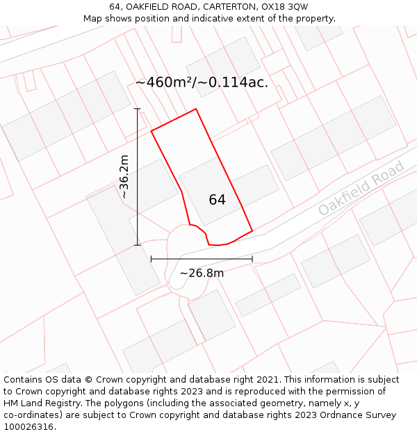 64, OAKFIELD ROAD, CARTERTON, OX18 3QW: Plot and title map